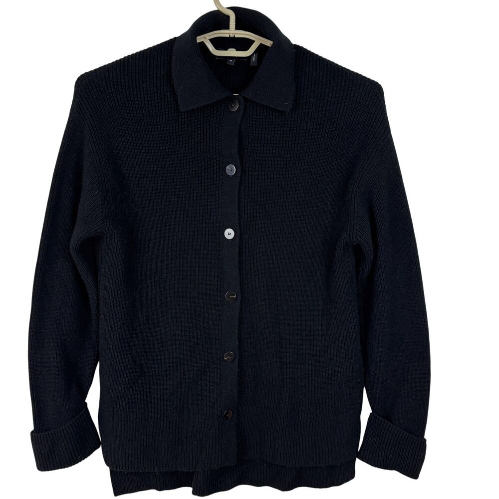 Theory Black Ribbed Button Jacket Cardigan Sweater Medium Wool/Cashmere